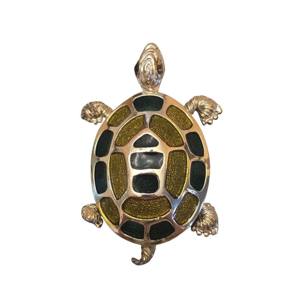 Turtle Pendant Silver Tone Green  Gold Enamel Detailing